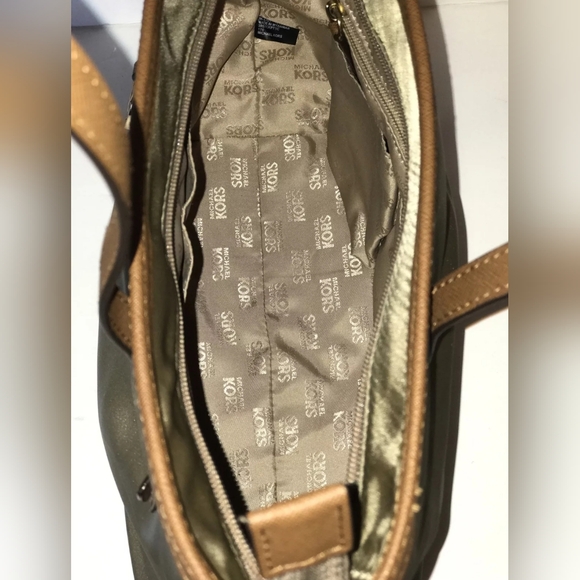 Michael Kors Olive Green Large Nylon Handbag with Caramel Brown accents - Picture 6 of 8